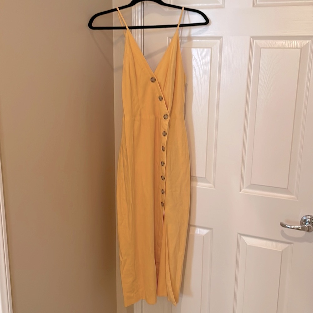 Button Up V Neck Yellow Dress